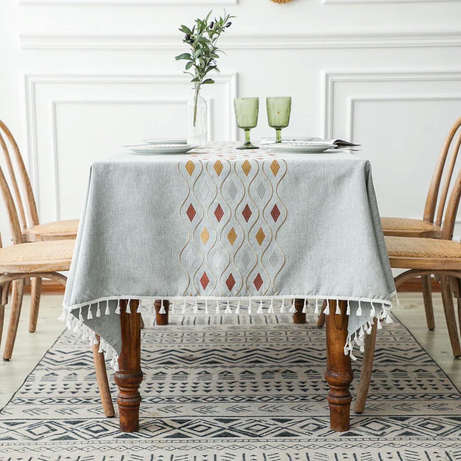 Nappe à carreaux floraux en lin avec glands chic style pastoral