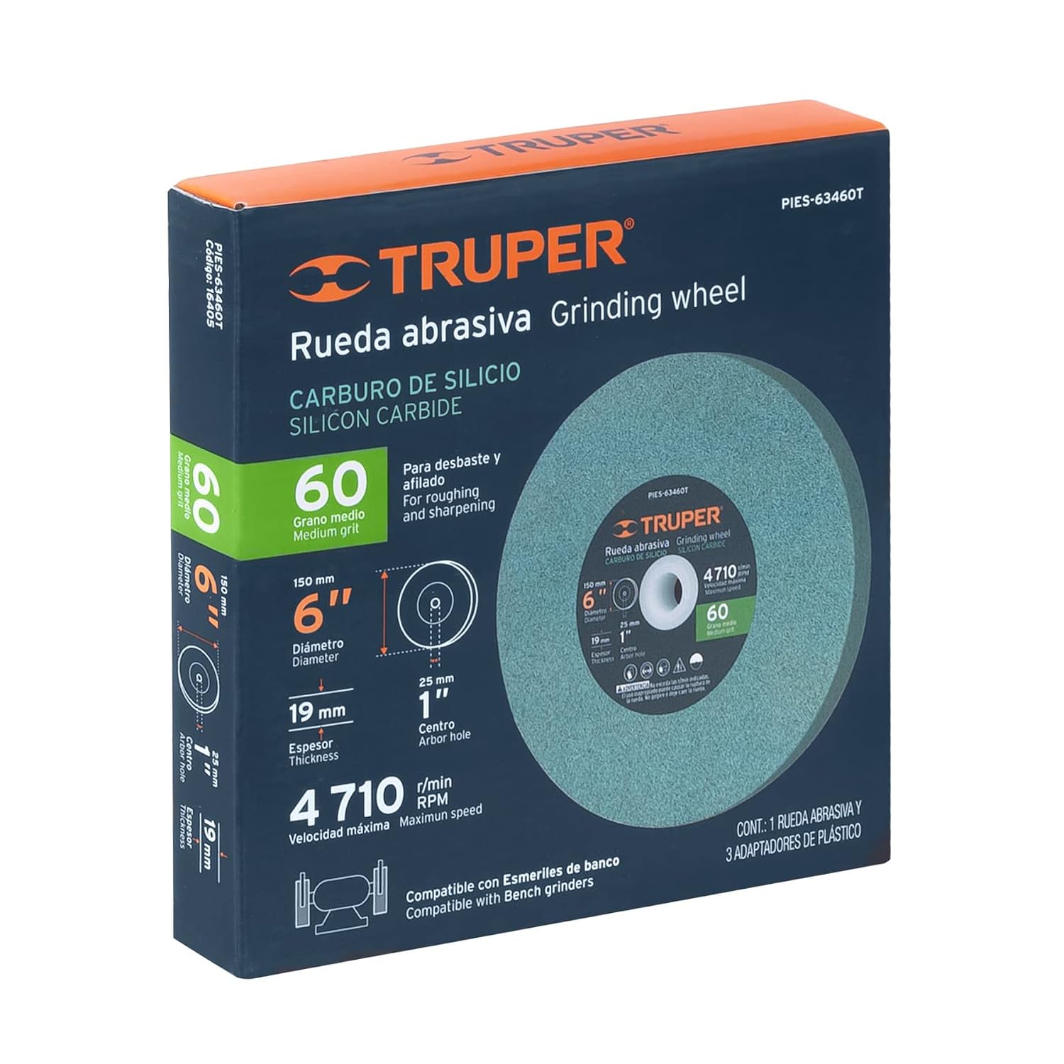 Truper Silicon Carbide Grinding Wheel for Bench Grinder, 6-Inch OD x 3/4-Inch Thick, 1-Inch Inner Diameter, 60 Grit, 4,500 RPM Max, Includes Adapters (Model PIES-63460T / 16405)