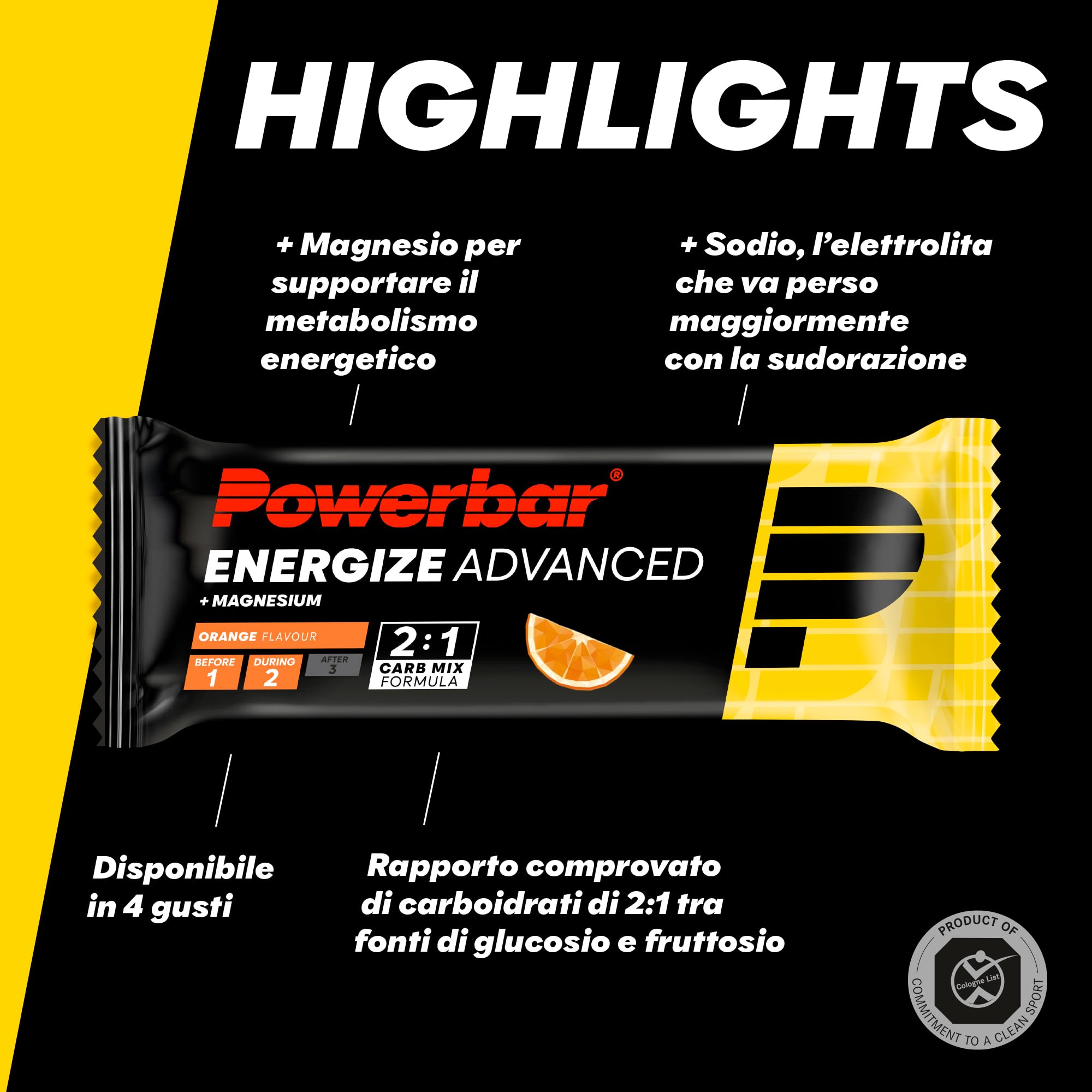 Powerbar - Energize Advanced - Orange - 15x55g - Barretta energetica ad alto contenuto di carboidrati - magnesio e sodio