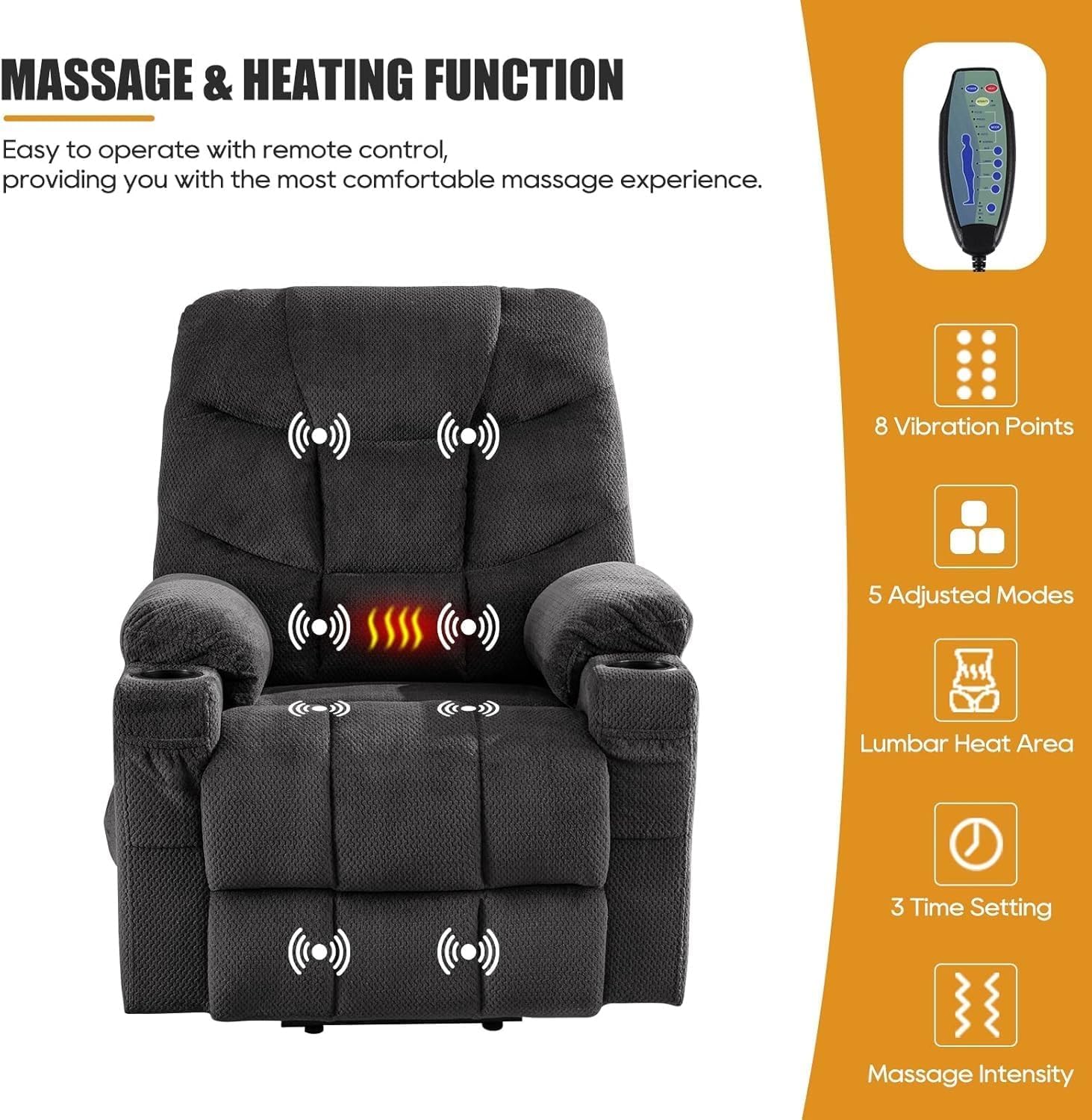 Recliner Sofa with Oversized Power Lift, Heat and Massage, Genuine Leather Upholstery, Remote Control, USB Charging Ports, Cup Holders, and Infinite Position Recline Chair