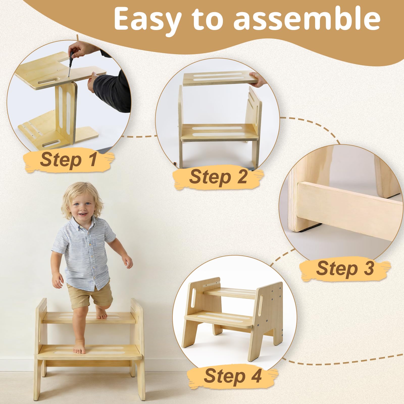 Sgabello in Legno per Bambini a 2 Gradini Regolabile Antiscivolo 150 kg