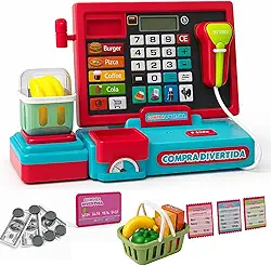 Caixa Registradora Infantil Brinquedo Educativo Cozinha Interativa Mercadinho Criança Luz Som Dinheiro Cartões Acessórios (Vermelho)