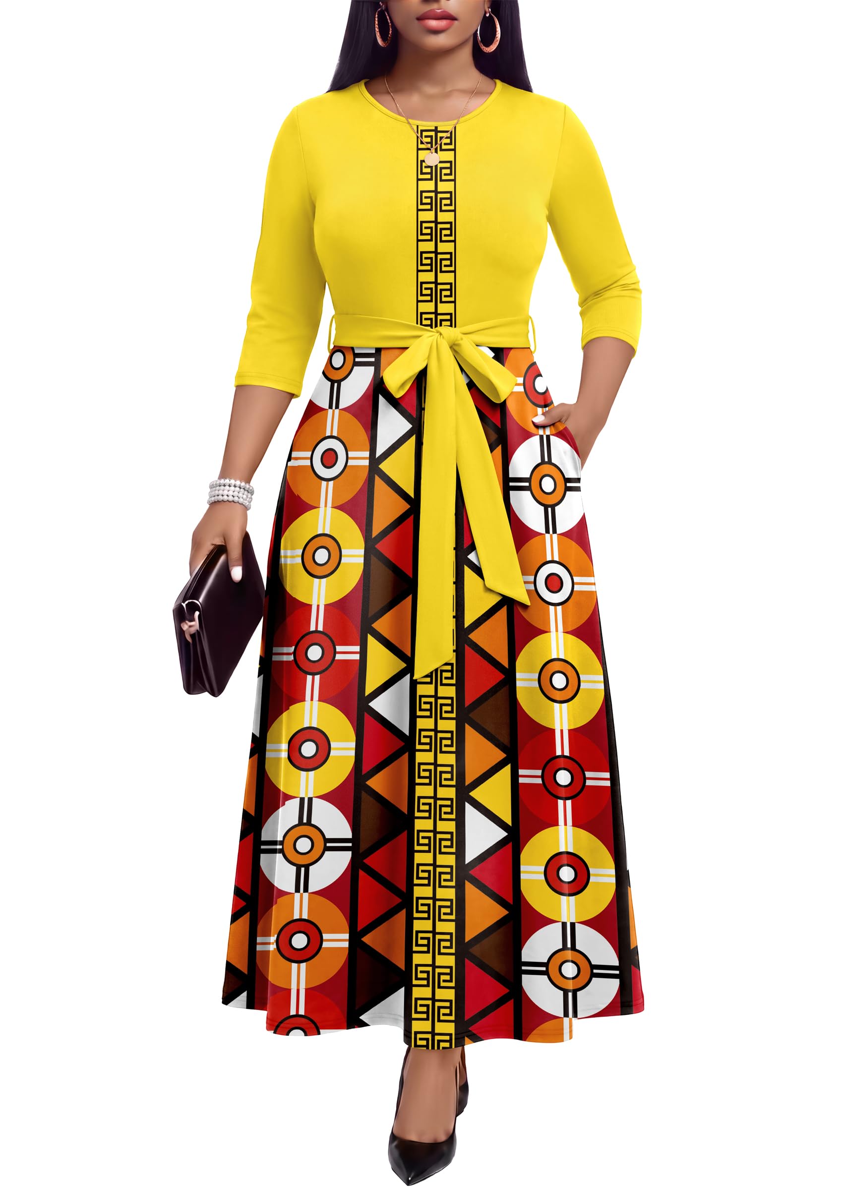 Long Dress for Women Casual African Print Empire Waist Maxi Dresses for Wedding Guest, Ch…
