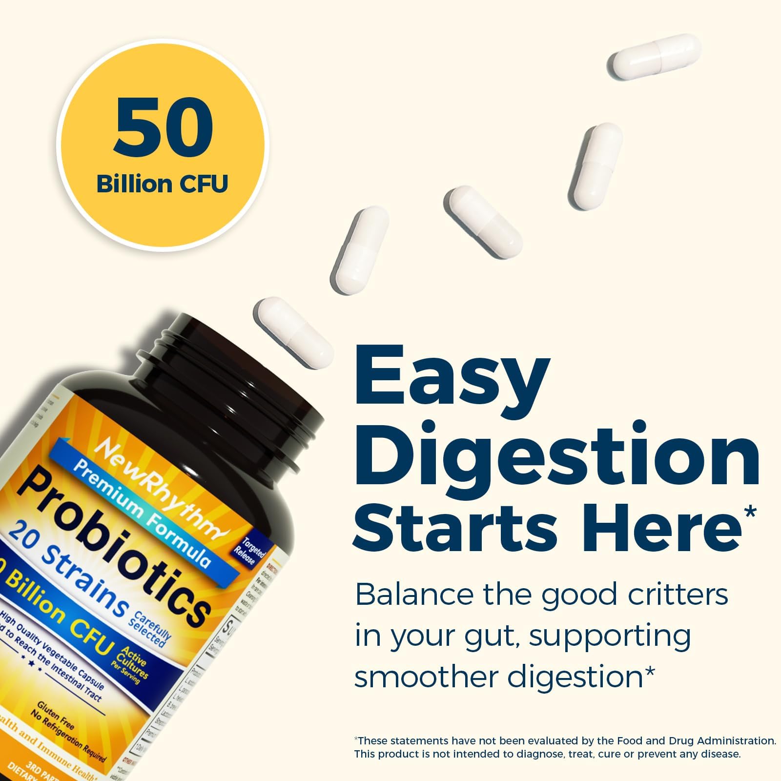 NewRhythm Probiotics 50 Billion CFU 20 Strains, 120 Veggie Capsules, Targeted Release Technology, Stomach Acid Resistant, No Need for Refrigeration, Gluten Free — Amazon image 2