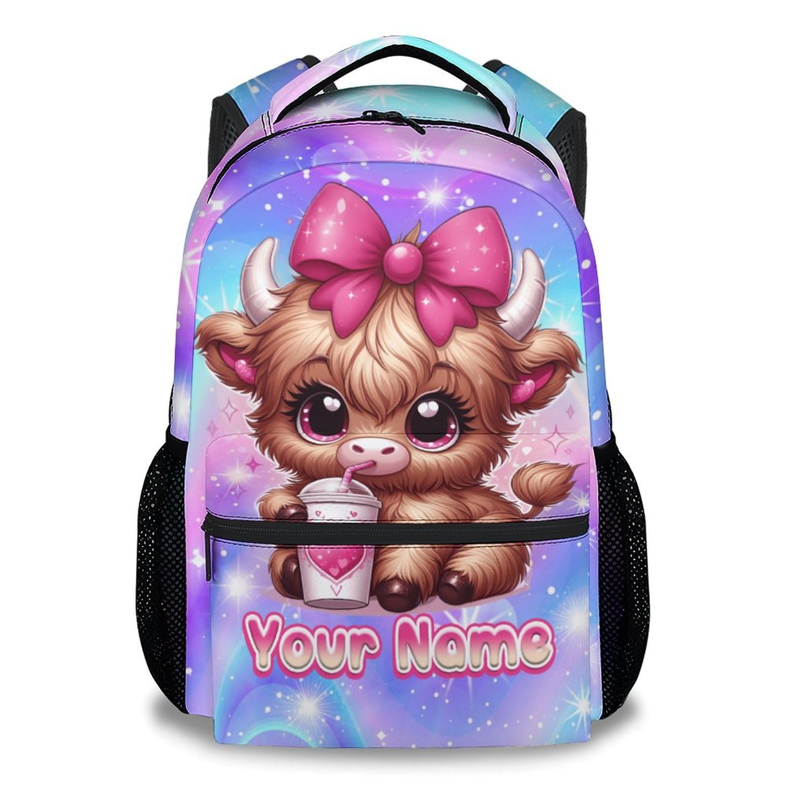 Personalized Girls Backpack, Kids Bookbag for School, Highland Cow Backpack, 17 Inch Custom Toddler Schoolbag for Kindergarten Elementary