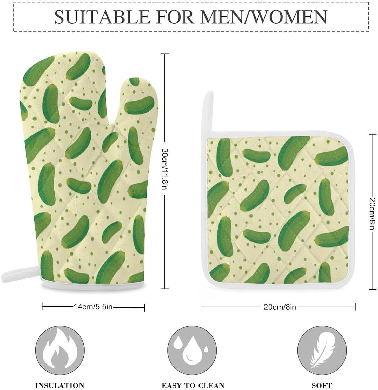 Pickle Pattern Print Oven Mitts and Pot Holders 3 Piece Sets Heat Resistant Gloves Hot Pads Potholders for Kitchen Baking Cooking