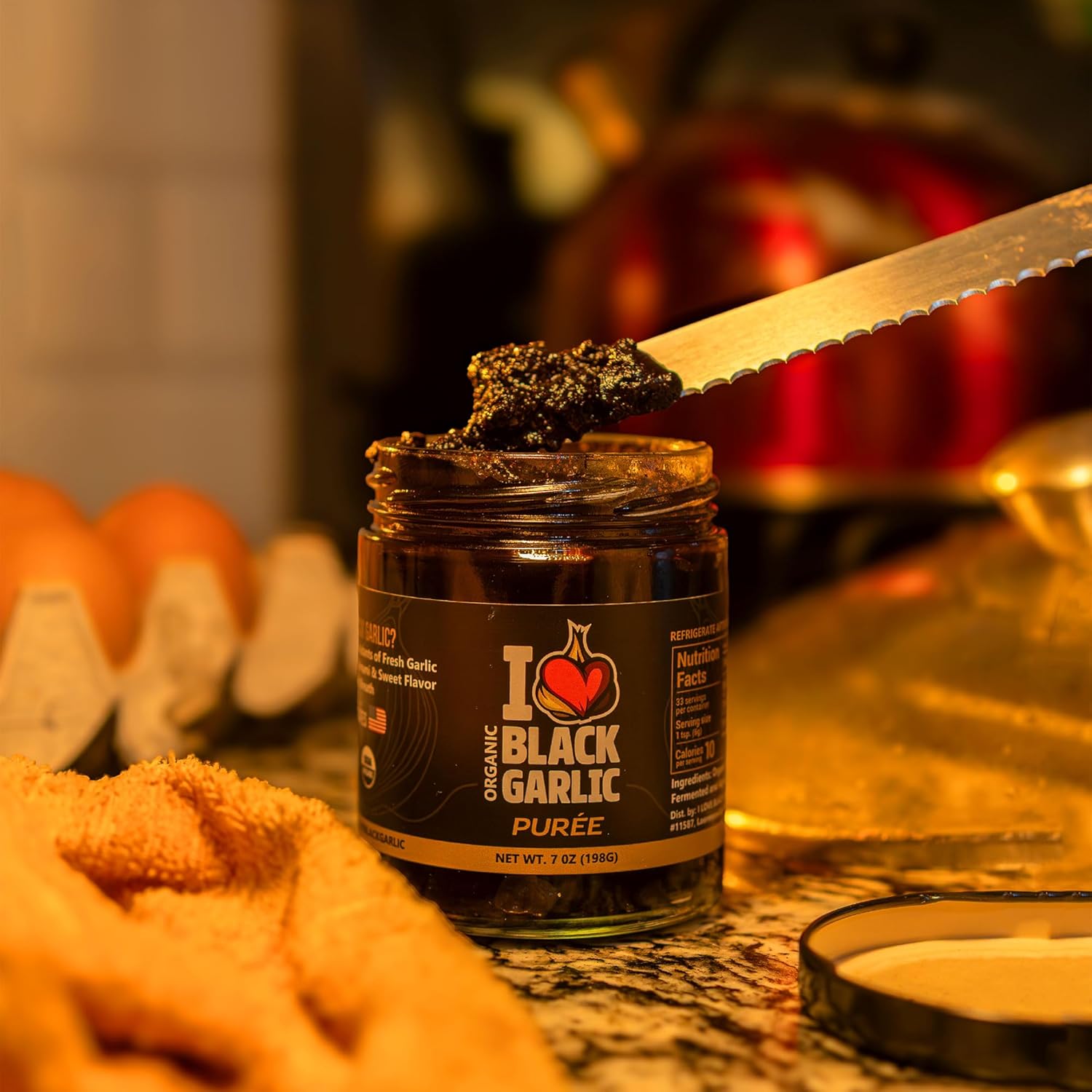 Organic Black Garlic Purée (Paste) in a Glass Jar Ready to Eat Sweet Savory Umami Ingredient for Cooking Made in USA by I Love Black Garlic 7 oz