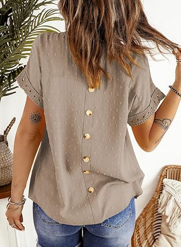 Vista 3 de Dokotoo Blusas de verano para mujer, cuello redondo, encaje, ganchillo, manga corta, blusas casuales de gasa