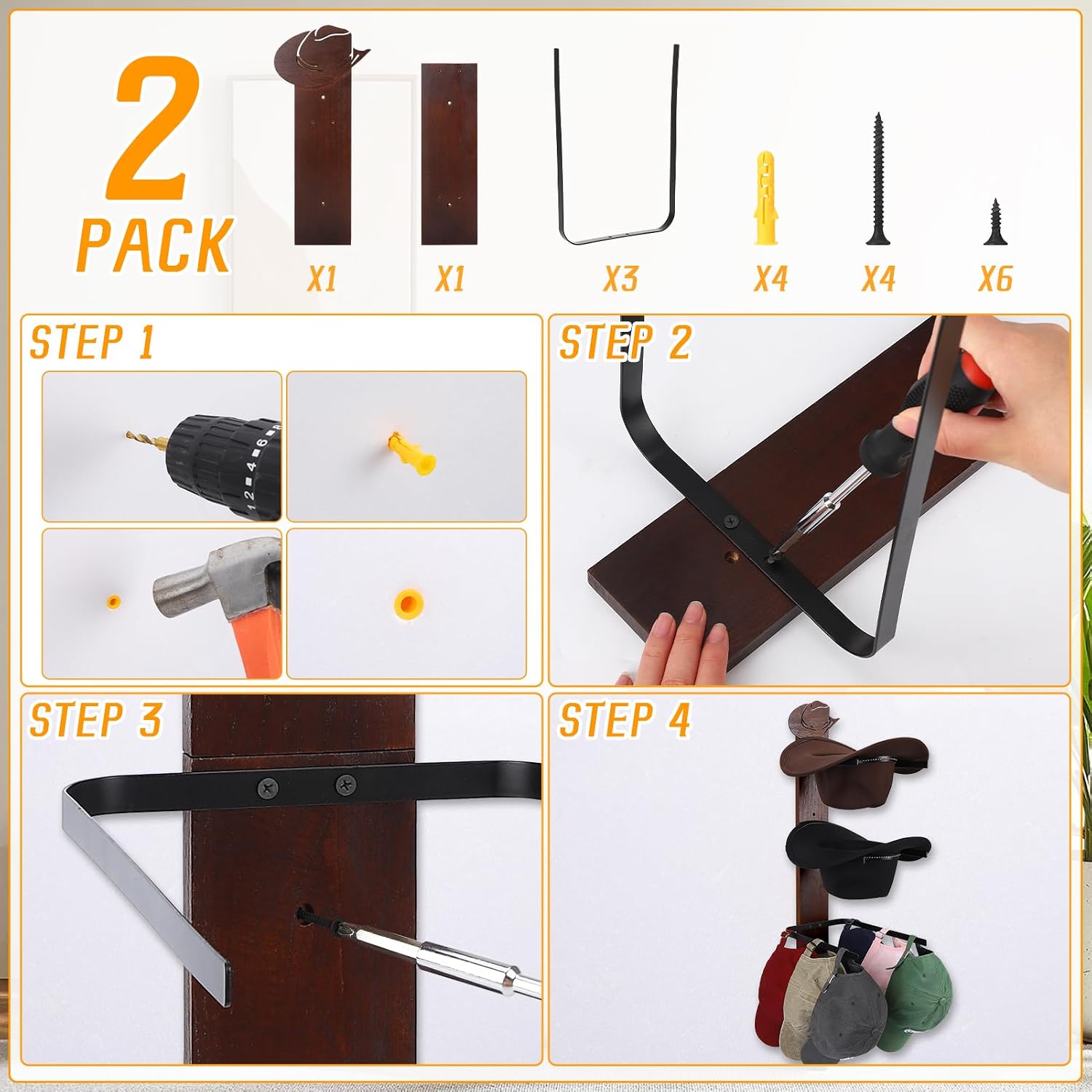 2 pack Cowboy Hat Rack for Wall, Hat Organizer for 10 Baseball Caps and 2 Cowboy Hat, Wooden Western Rustic Metal Cowboy Hat Hanger for Cowboy Hat, Fedora, Sun Hats, Baseball Caps