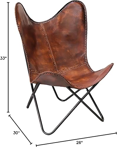 Miniatura 3 de cuero Elegante silla de mariposa de cuero marrón oscuro hecha a mano para sala de estar, silla lateral de cuero cosido, hecha a mano con marco de
