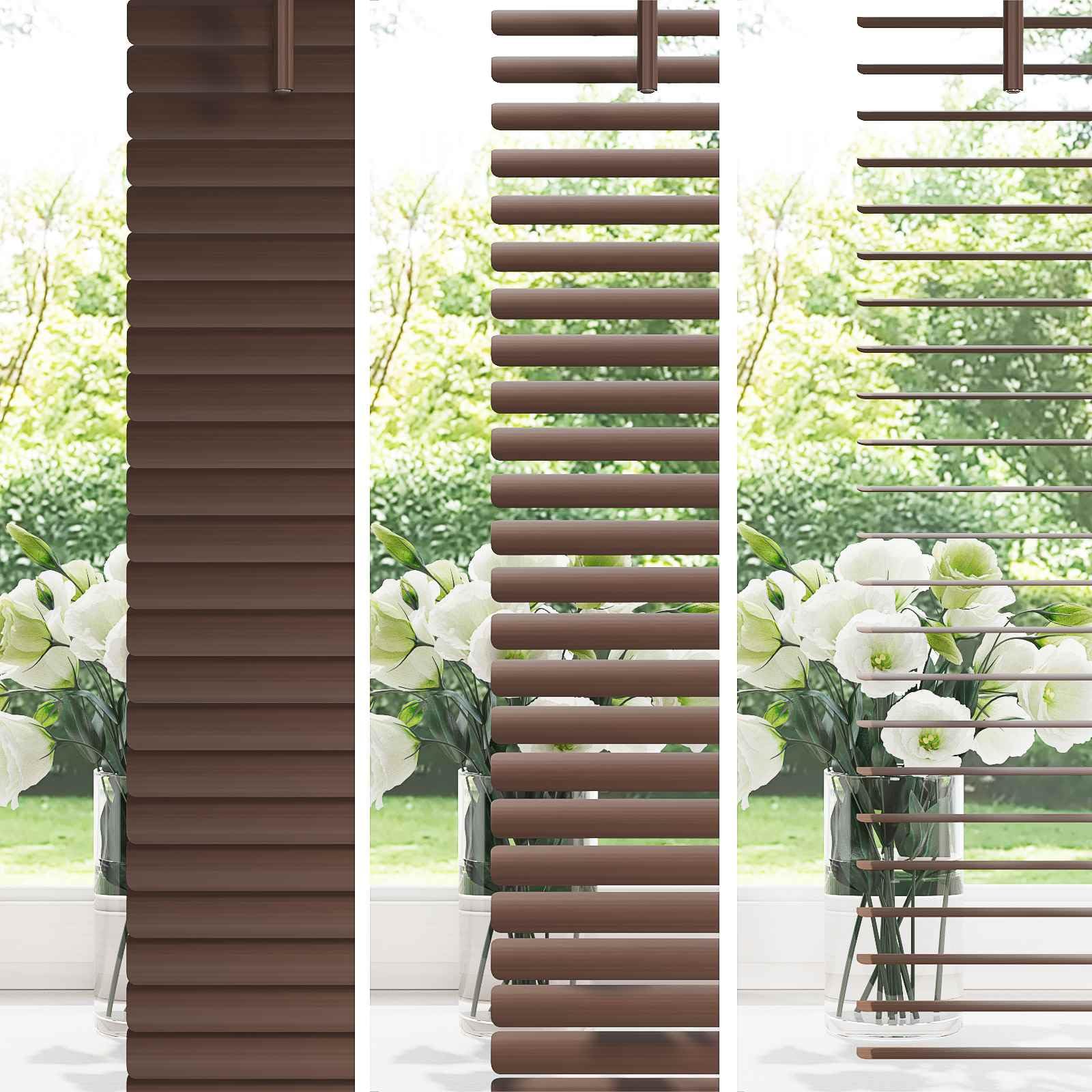 PVC-Jalousie, 150 x 140 cm, Braun, 25 mm | Modernes Design für den Schreibtisch, inklusive Drehstange, einfache Reinigung mit feuchtem Tuch