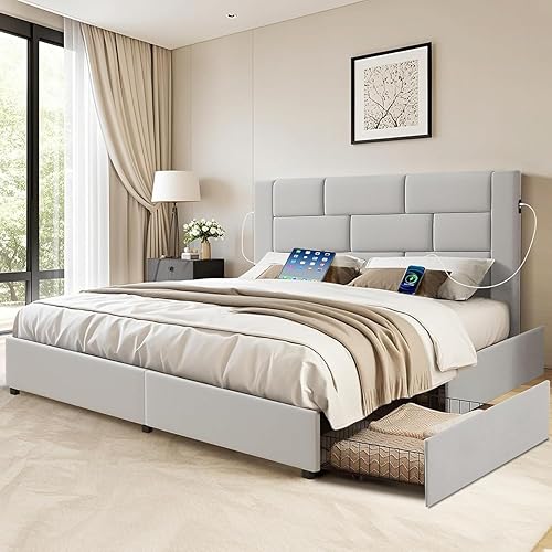 VECELO Queen Upholstered Bed Frame with 4 Storage Drawers, with Type A & C USB Charging Station and Velvet Headboard, No Box Spring Needed, Easy to Assemble, Light Gray