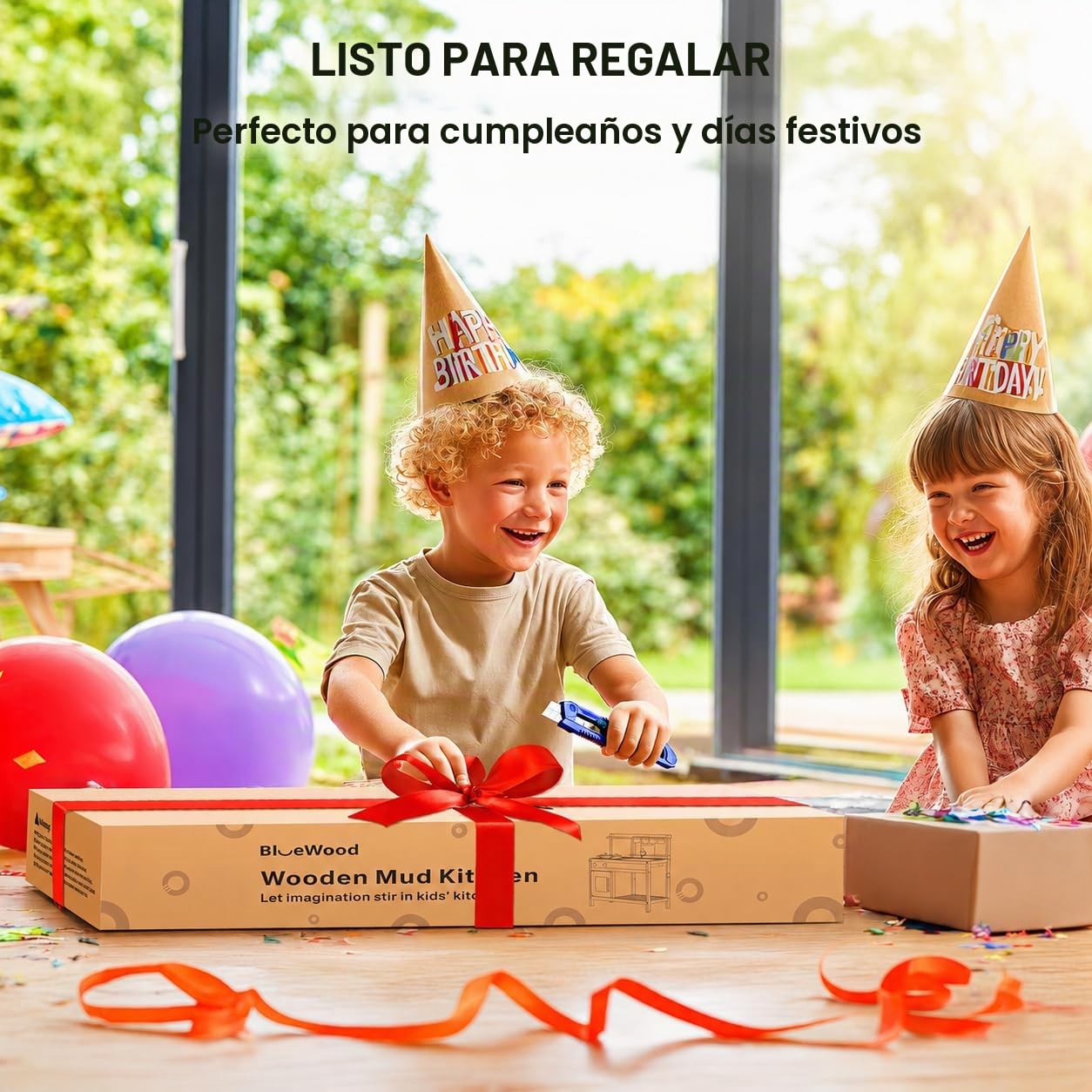 Cocina de Juguete de Madera para Niños | Cocina Exterior Infantil BlueWood | Grifo Funcional, Fregadero Grande, Estantes y Accesorios | Juego Educativo al Aire Libre