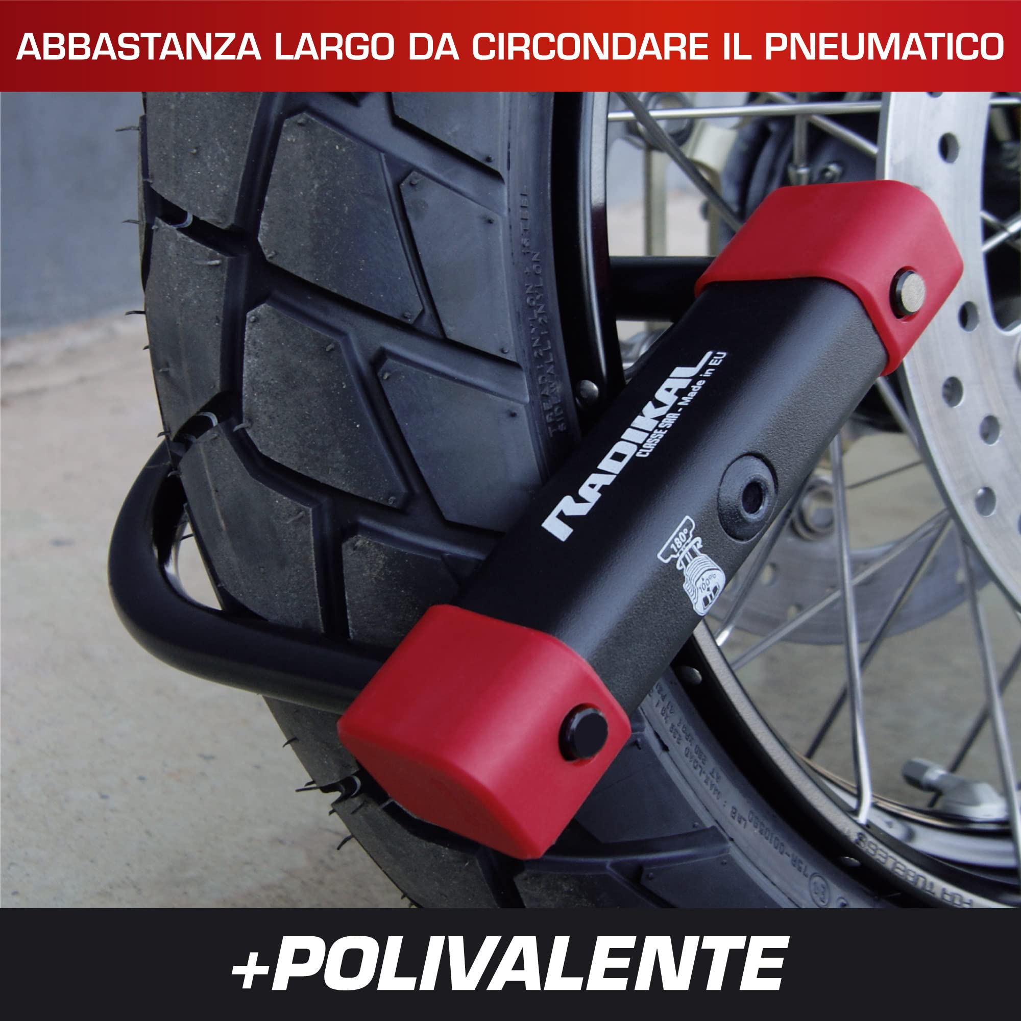 RADIKAL RK120125 Lucchetto a U Premium Omologato SRA, 120x125mm, Blocco Ceppo Ruota, Arco ø18mm Acciaio Cementato Rivestito a Doppio Chiusura, Serratura Antifurto U Lock Moto Scooter