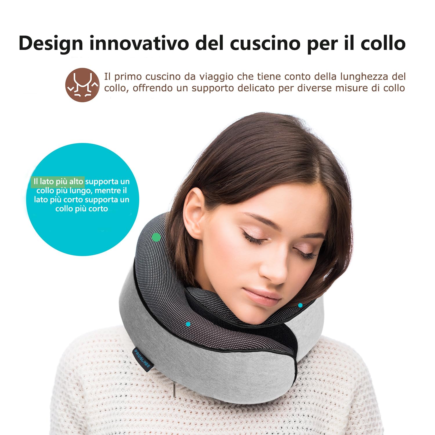 Proglobe Cuscino da Viaggio per Collo - Cuscino Cervicale, 100% Memory Foam, Cuscino per Dormire, Ideale per Viaggi in Aereo, Auto, Treno, Con Mascherina 3D, e borsa a rete premium, Grigio