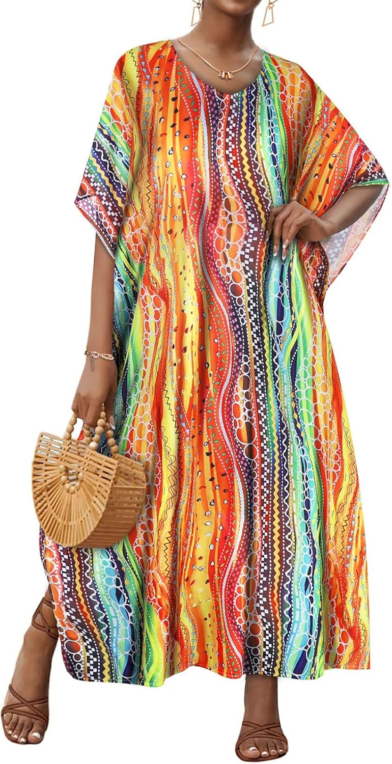 JILUVIN Kaftan Dresses for Women Plus Size V Neck Caftan Long Batwing Sleeve Swimsuit Cover Up Beach Swimwear