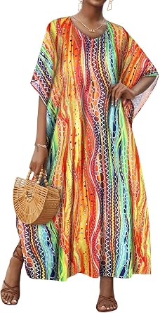 Kaftan Dresses for Women V Neck Caftan Batwing Sleeve Swimsuit Cover Up