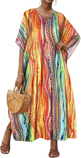 JILUVIN Kaftan Dresses for Women Plus Size V Neck Caftan Batwing Sleeve Long Swimsuit Cover Up Beach Swimwear 2026