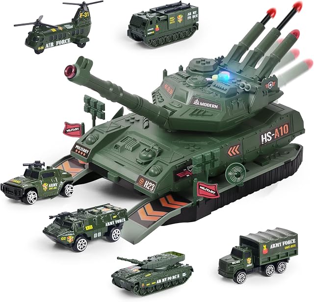 YOOYID Tank Military Transport Toy Set, with 6Pcs Mini Alloy Army Vehicles, Realistic Sound Light, Rotating Turret Missile Launcher, Tank Vehicle Playsets Gift for Kids Boys 3-7 Years Old