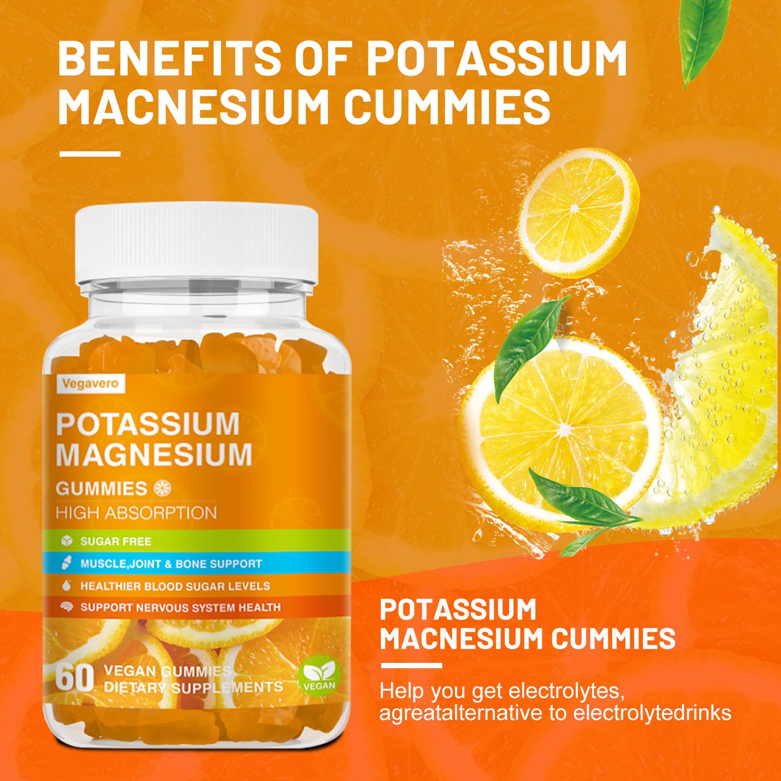Potassium Magnesium Gummies - Magnesium Glycinate B6,D3 & Potassium Citrate for Leg Cramps,Muscle,Electroyte for Adults Kids,Sugar-Free - 60 Orange Gummies — Amazon image 2