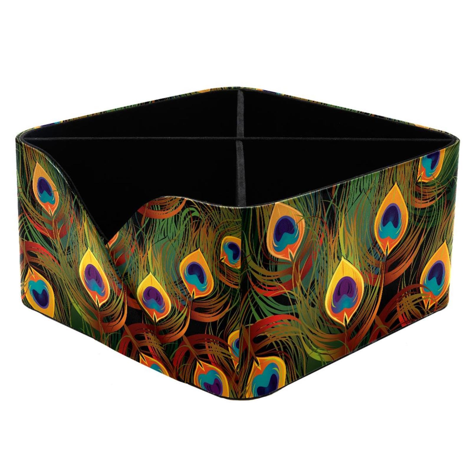 KengjuTesu Peacock Feathers Pattern Desktop Organizer Pen Holder, Rectangular Pencil Cup for Office, Study and Makeup Stations