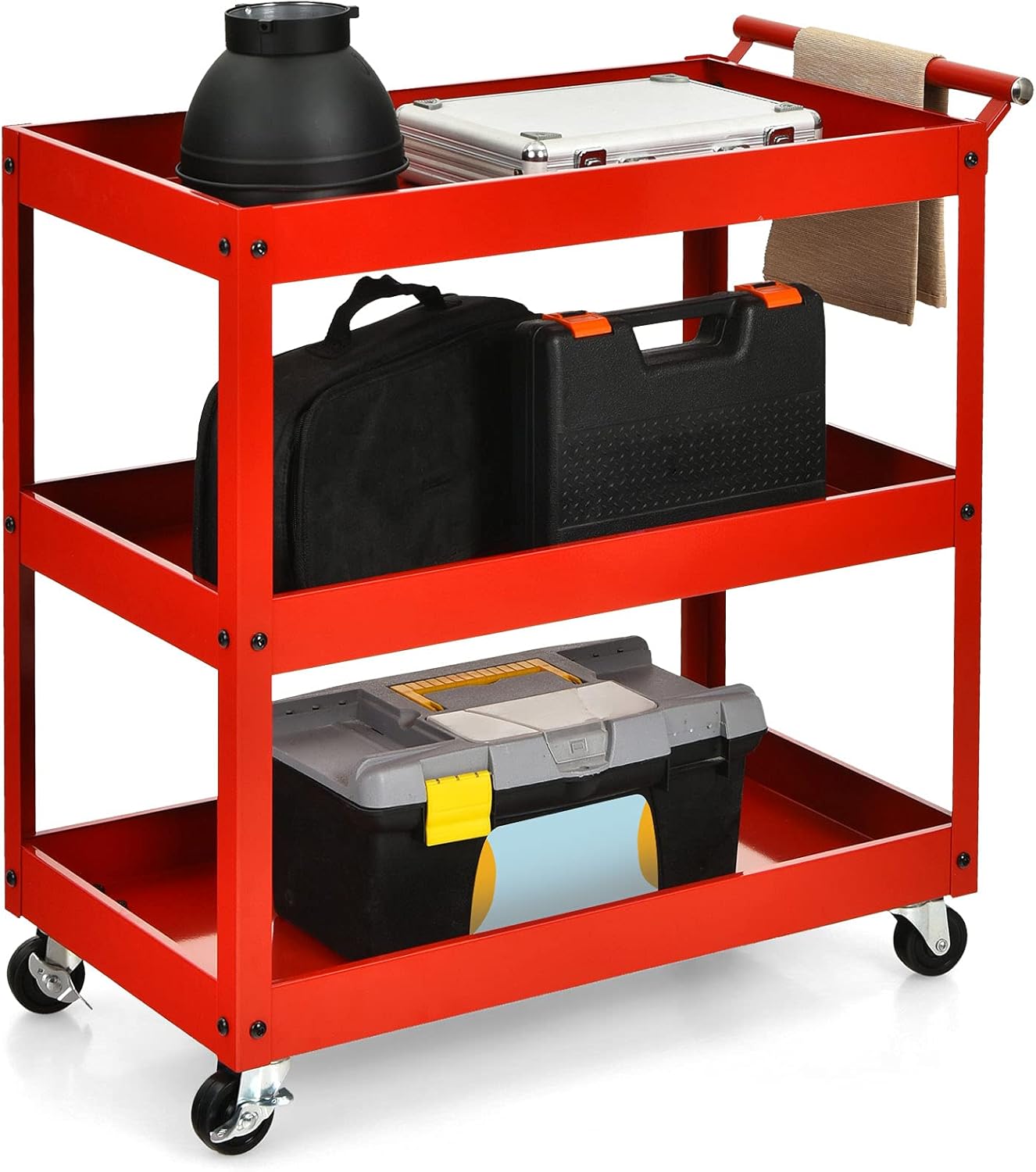 Goplus 3-Tier Utility Cart, Heavy Duty Commercial Service Tool Cart w/Lockable Wheels, 330lbs Load Capacity, Ergonomic Handle, Rolling Mechanic Tool Cart Storage Organizer for Warehouse Garage Red