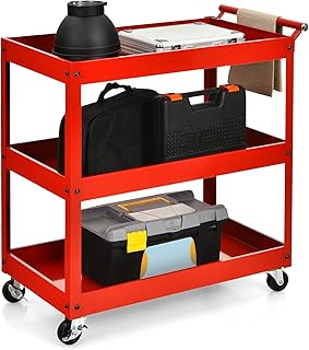 Goplus 3-Tier Service Utility Cart, Heavy Duty Commercial Service Tool Cart w/Lockable Wheels, 330lbs Load Capacity, Ergonomic Handle, Rolling Mechanic Tool Cart Storage Organizer for Warehouse Garage (Red)