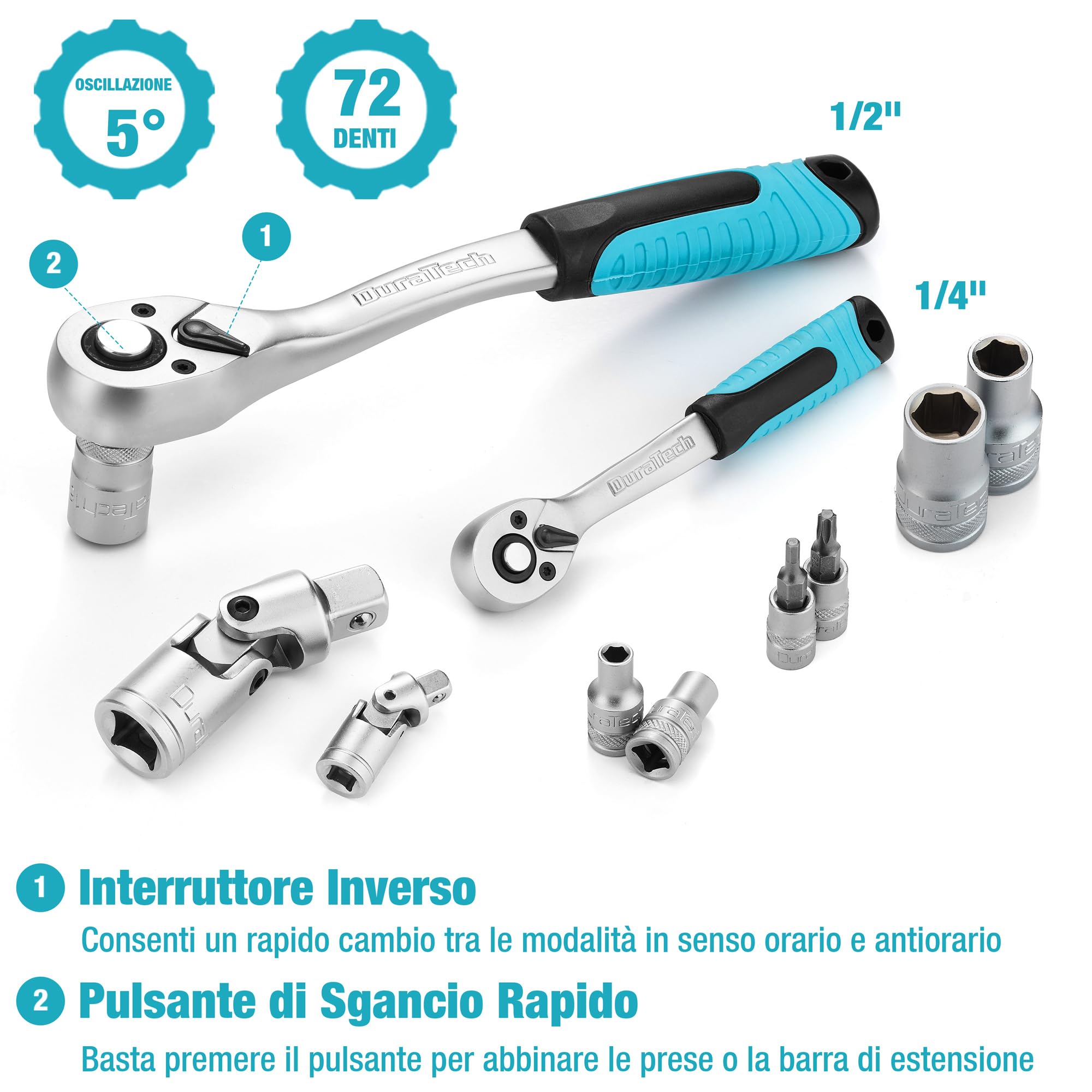 DURATECH Set di Chiavi a Bussola 108 Pezzi, 1/2" e 1/4" | Cricchetto a 72 Denti, Cr-V, con Scatola, Include Cacciavite e Punte, Ideale per Riparazioni e Lavori Meccanic