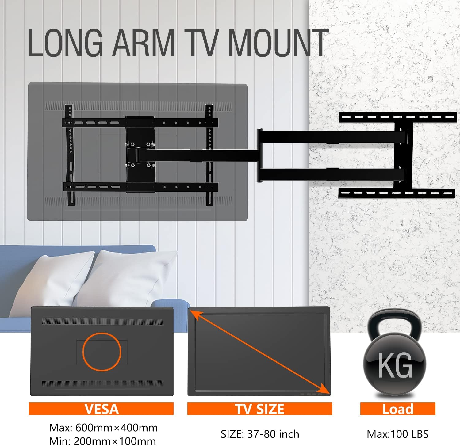 Ginkgo Long Arm Articulating TV Wall Mount for 37-75 Inch TVs, 47' Extra Long Full Motion Mount, Corner Swivel & Tilt Fits, Max VESA 600x400mm, 99 lbs. Loading, 16',18' Studs