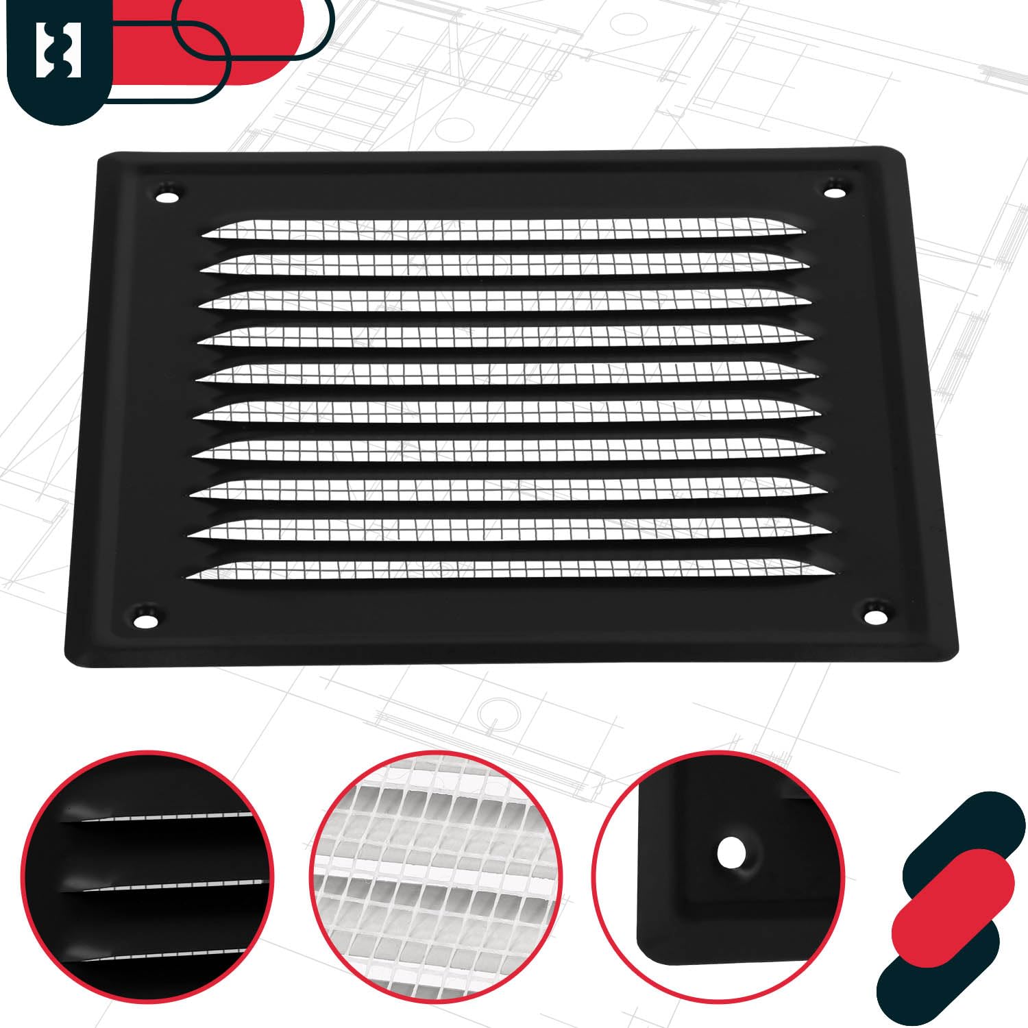 KOTARBAU® Kratka Wentylacyjna - 165 X 165 MM - Wentylacja z Siatką - Stal - Metalowa - Czarna