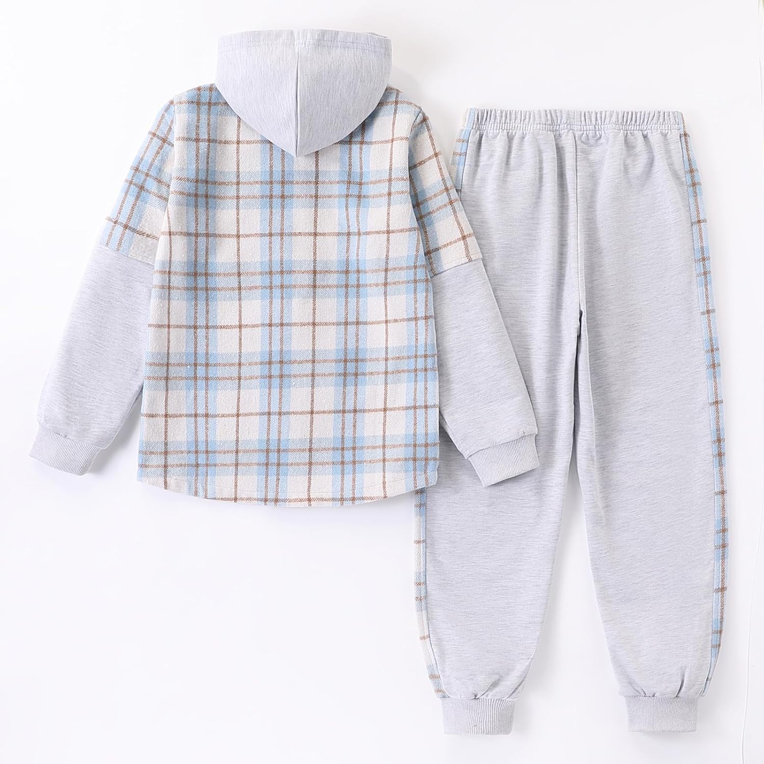 2Pcs Girls Clothes Zip Up Plaid Flannel Hoodie Shirts and Jogger Sweatpants for Kids Fall Winter Spring Outfits - Image 2