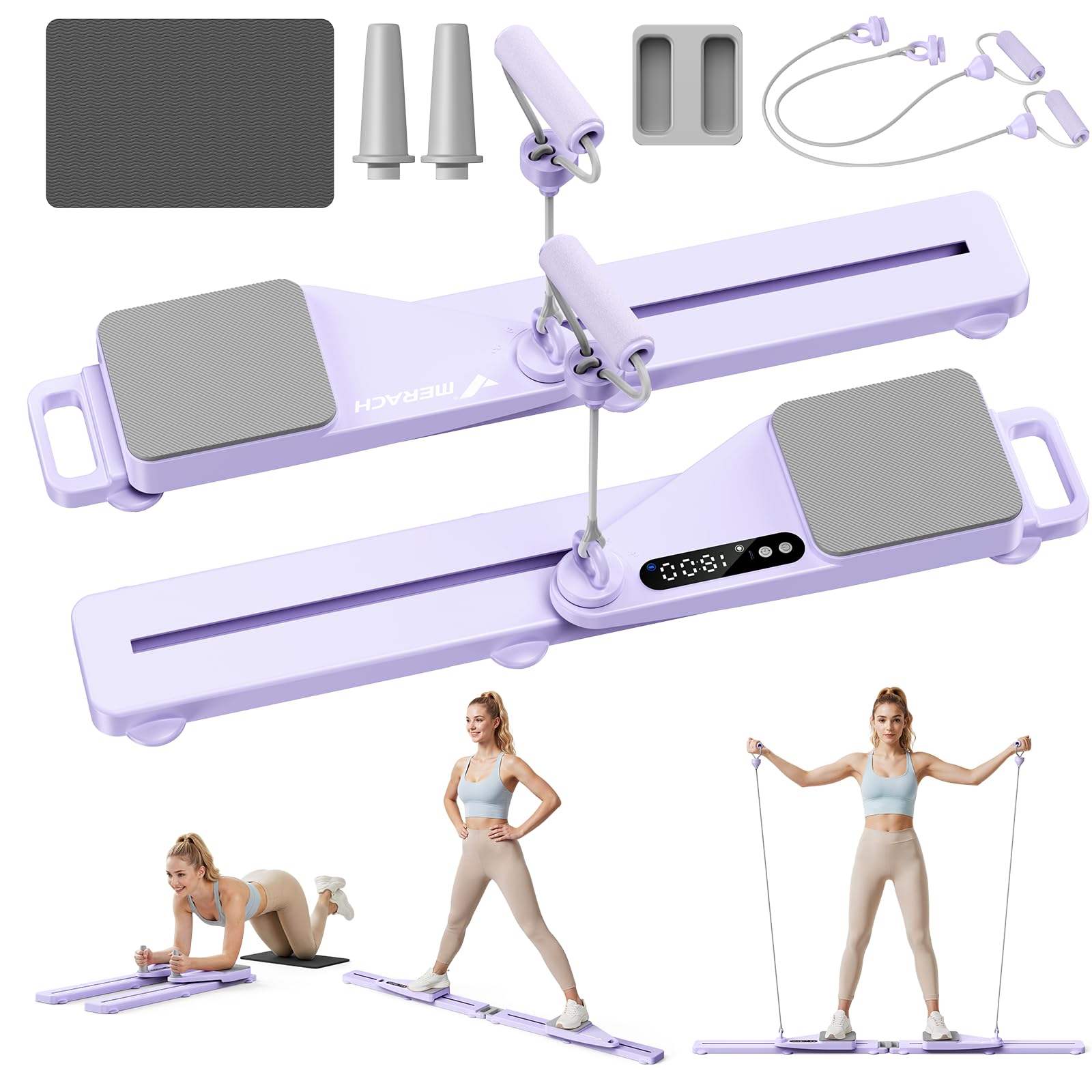 MERACH Pilates Reformer – Pilates Board Multifunktions Reformer für Pilates mit Widerstandsbändern zählen und Kniepolster, 120 KG klappbar, Fitnessgeräte für Zuhause Bauchtrainer für Zuhause