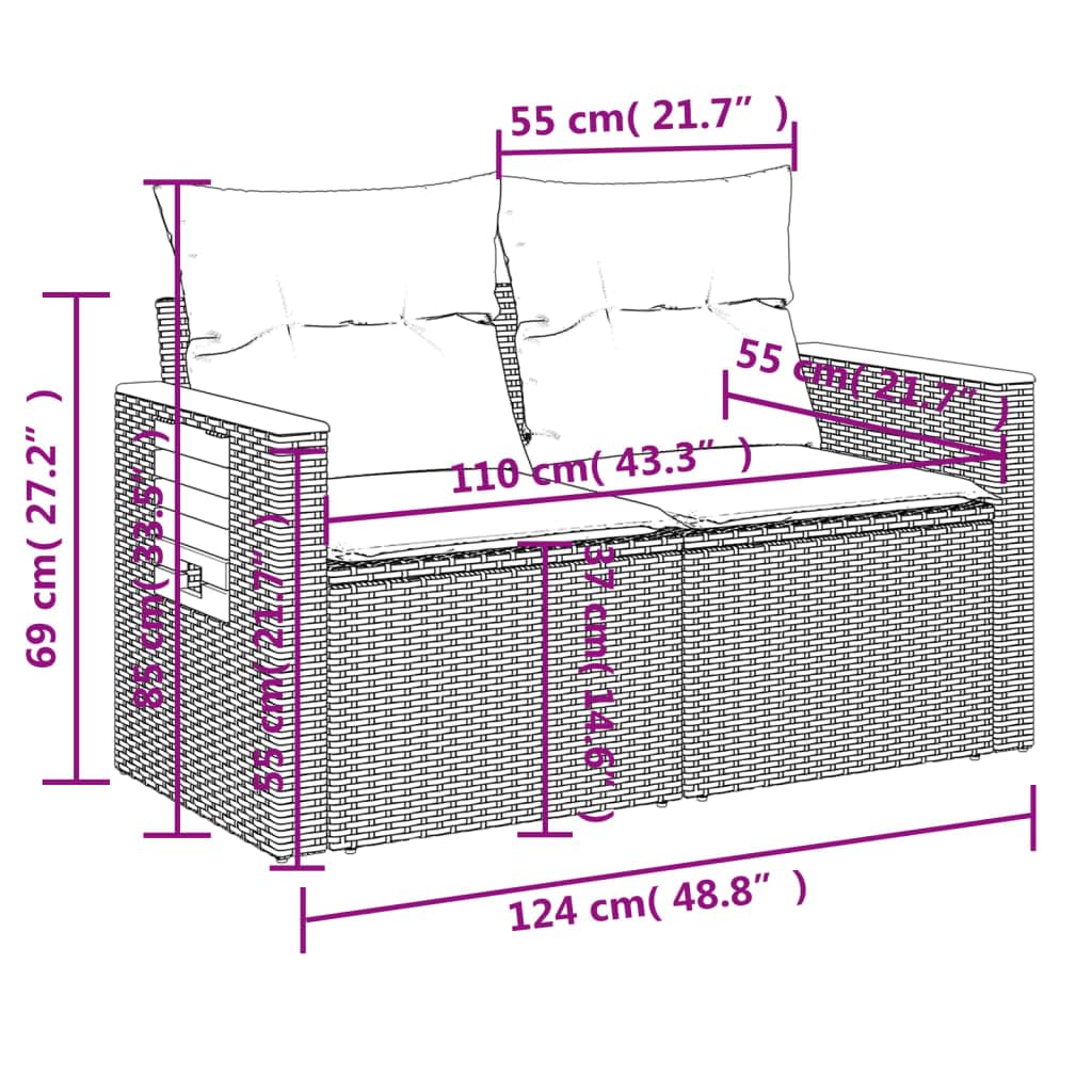 Divano da giardino a 2 posti, nero, con cuscini in polyrattan, resistente alle intemperie, per balcone, terrazza, giardino, lounge con contenitore e tavolino d'appoggio, comodo gruppo di