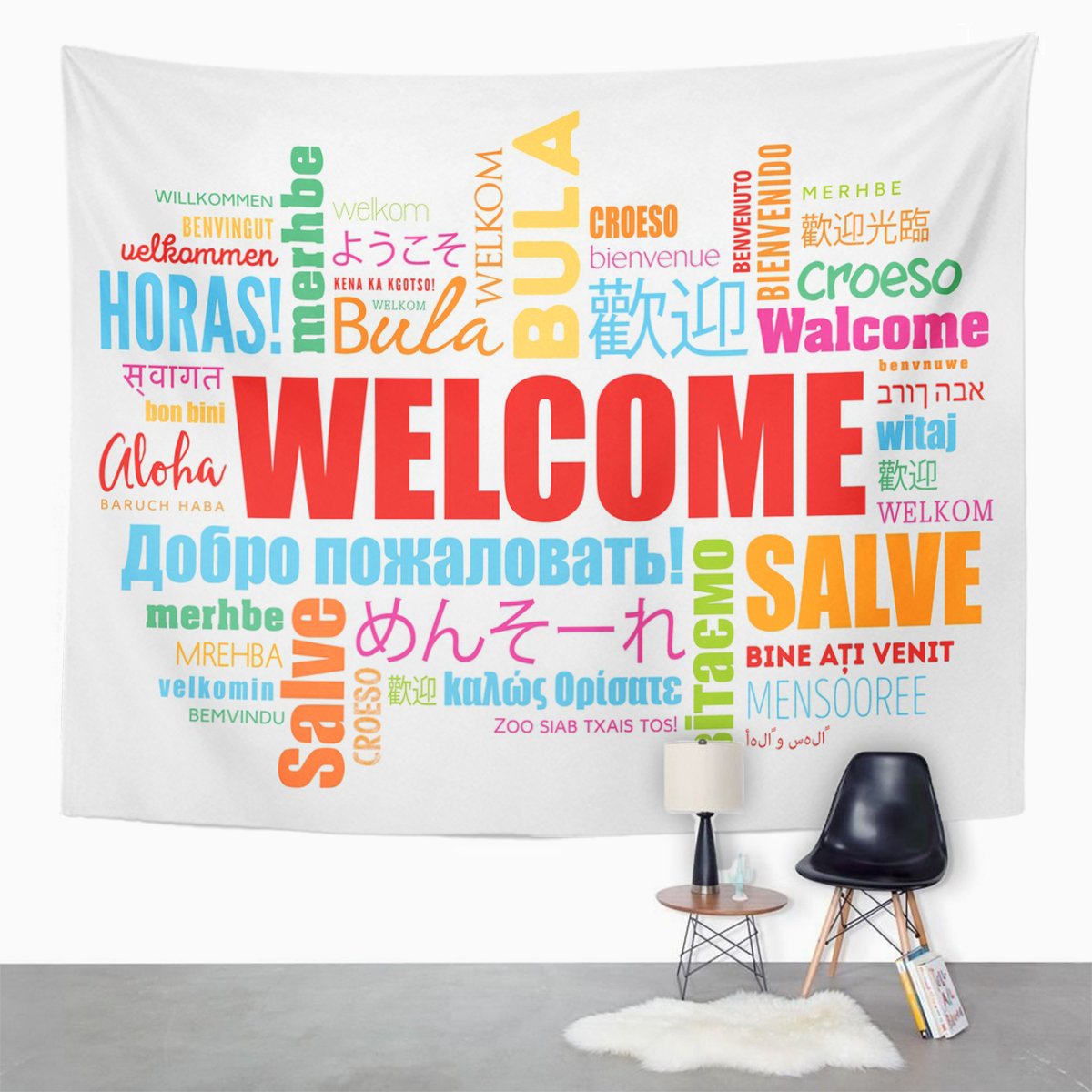 TOMPOP Tapestry World Welcome Word Cloud in Different Languages Conceptual Multilingual Home Decor Wall Hanging for Living Room Bedroom Dorm 50x60 Inches