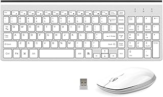 Wireless Keyboard and Mouse Combo, USB Ergonomic Slim Keyboard with Mouse Portable Compact with Number Pad for PC Laptop Computer Desktop Mac (White Silver)
