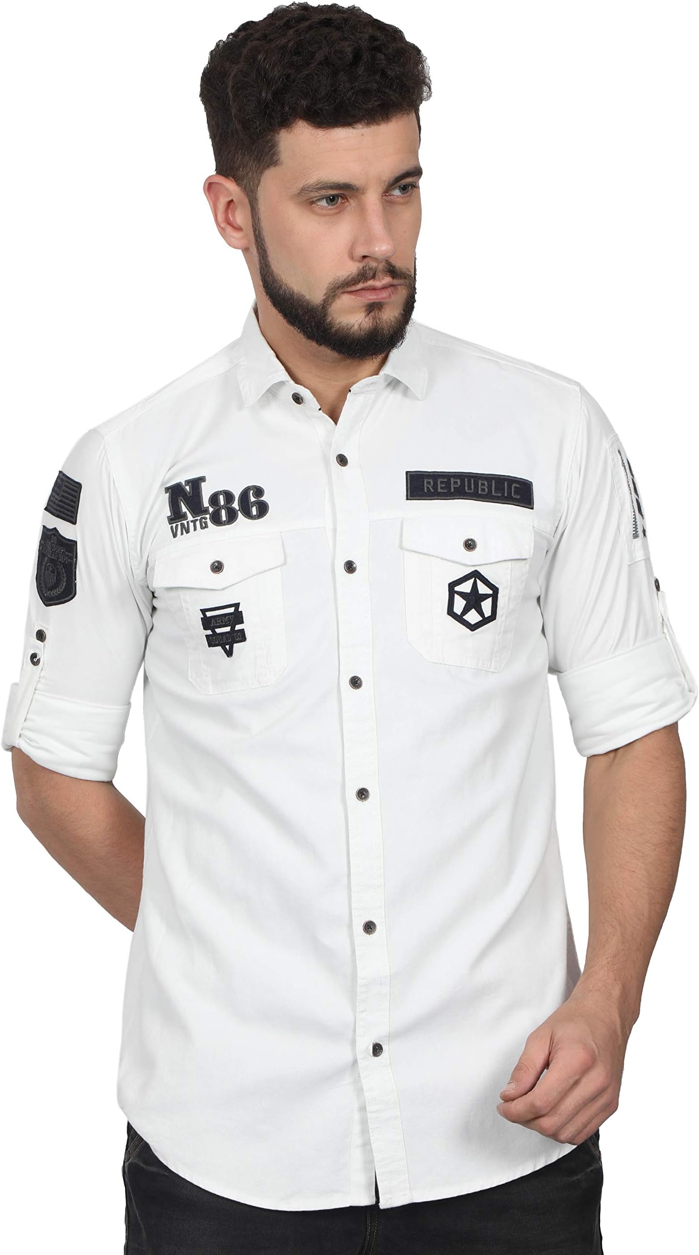 NORTH REPUBLIC Men's White Zip Stlye Cotton Full Sleeves Stylish Casual Shirt