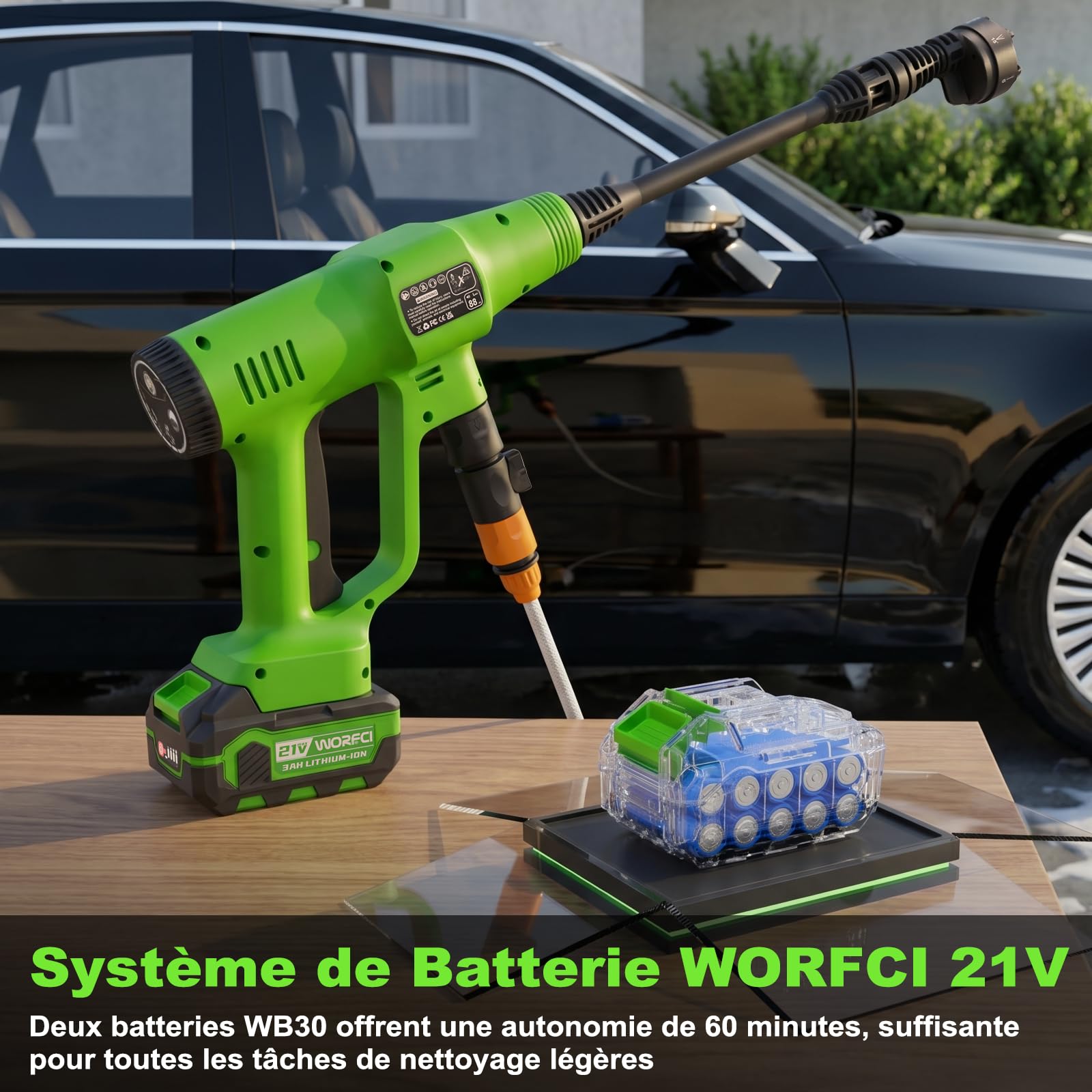 Nettoyeur Haute Pression sans Fil avec 2 Batteries, Nettoyeur Portable avec Buse Réglable 6 en 1, Tuyau Tressé de 6,5 m avec Raccord Robinet pour Voiture, Jardin, Terrasse
