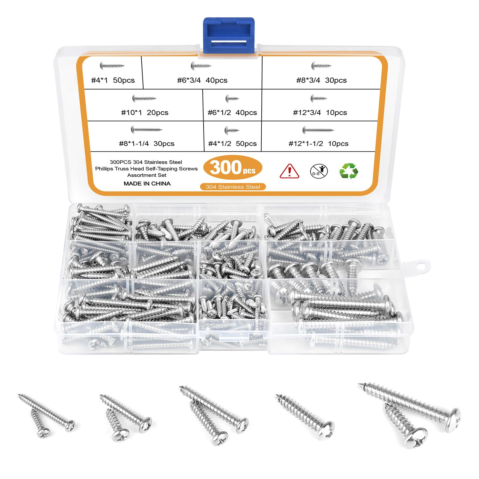 Kit surtido de 300 tornillos de madera de acero inoxidable, 9 tamaños #4#6#8#10#12 tornillos Phillips de cabeza de armadura para tornillos de hormigón de cubierta de madera, yeso, longitud de 1/4 a 1