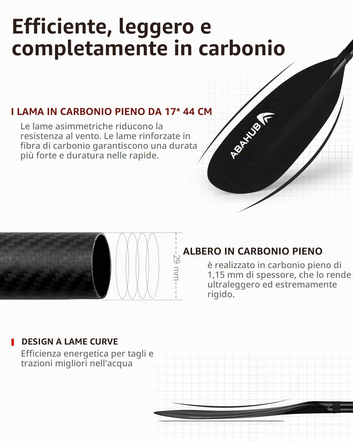 Abahub Pagaia Kayak in Carbonio Completamente Regolabile, 220–230 cm Doppia | Pagaia con guinzaglio, ideale per kayak e barche a remi. Gambo in carbonio e lama in fibra di carbonio.