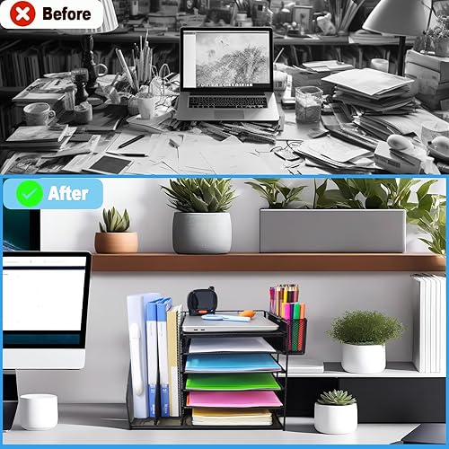 Miniatura 5 de Organizadores de escritorio, bandeja de papel de 6 niveles con organizador de archivos y soporte para bolígrafos, para organización y almacenamiento