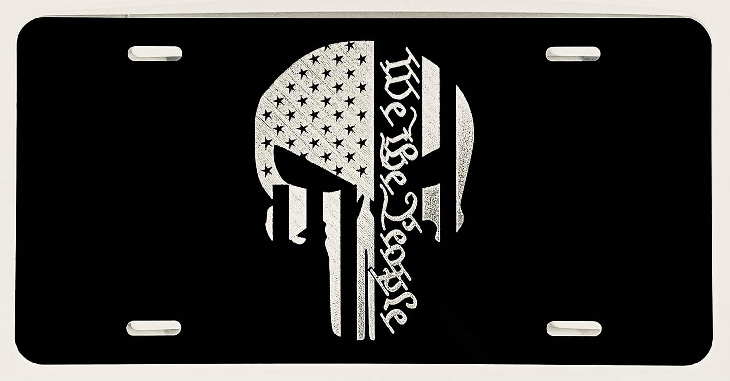 We The People Punisher Car Tag Engraved Gloss Black Silver Etched License Plate(1550)
