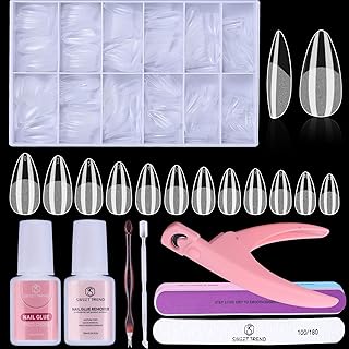 Almond Fake Nail Tips Medium: 600Pcs Full Cover Nail Tips for Acrylic Nails Professional Clear Nail Tip with Nail Glue Remover & Glue Acrylic False Nail Clippers Art Nail Extension Kit for Home Salon