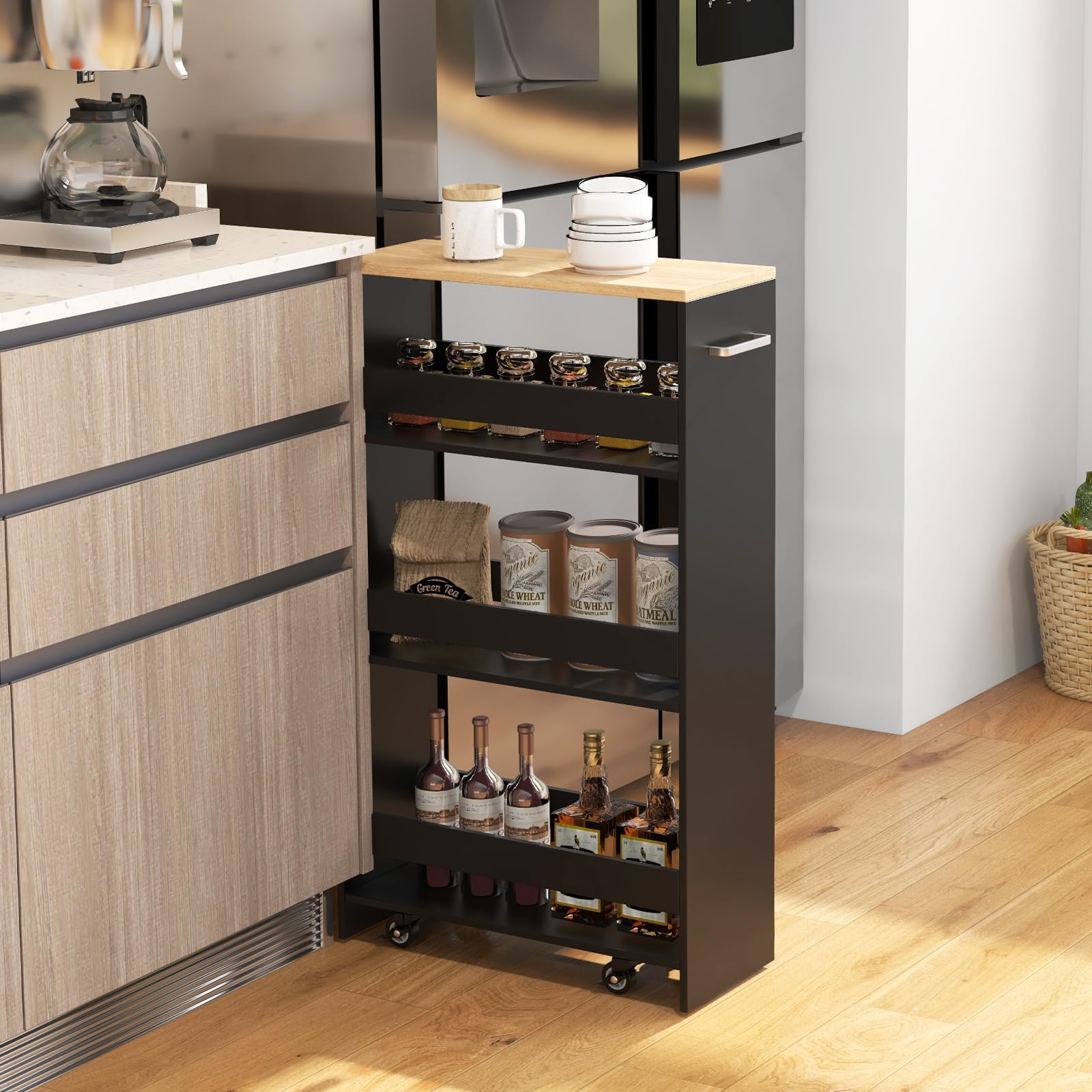 FANTASK Nischenregal 20 cm Breit, Nischenwagen auf Rollen 4 Etagen, Nischenschrank schmal mit Griff & Geländern, Rollregal Holz für Küche, Badezimmer, 47,5 x 20 x 80,5 cm (Schwarz)