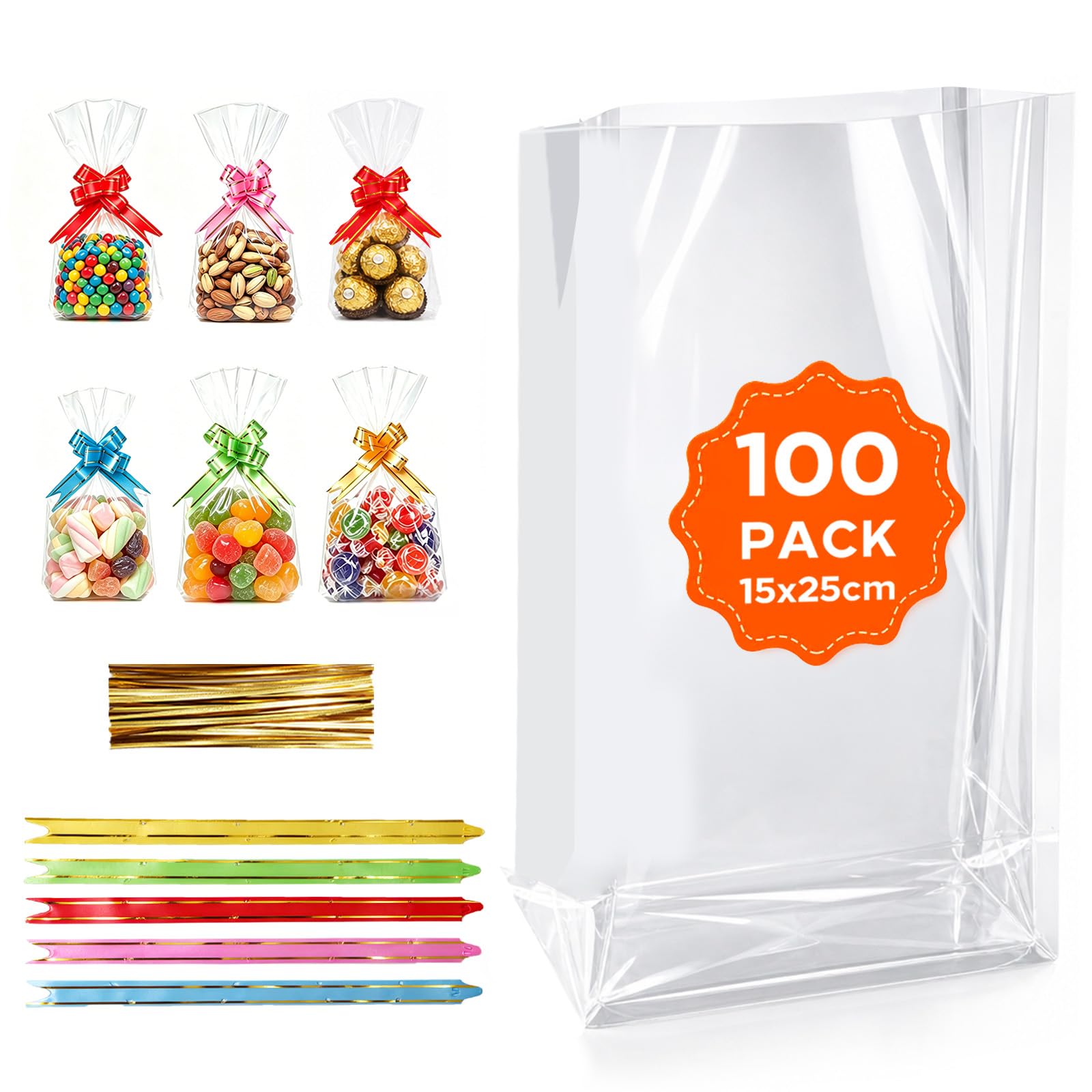 RITOLLO 100 Pack Cellophane Bags 15 x 25 cm, Extra Thick 3 MIL, with Bows & Twist Ties, Clear Gusseted Treat Bags, Food Safe Gift Bags for Sweets, Cookies, Candies, Party Favours & Packaging