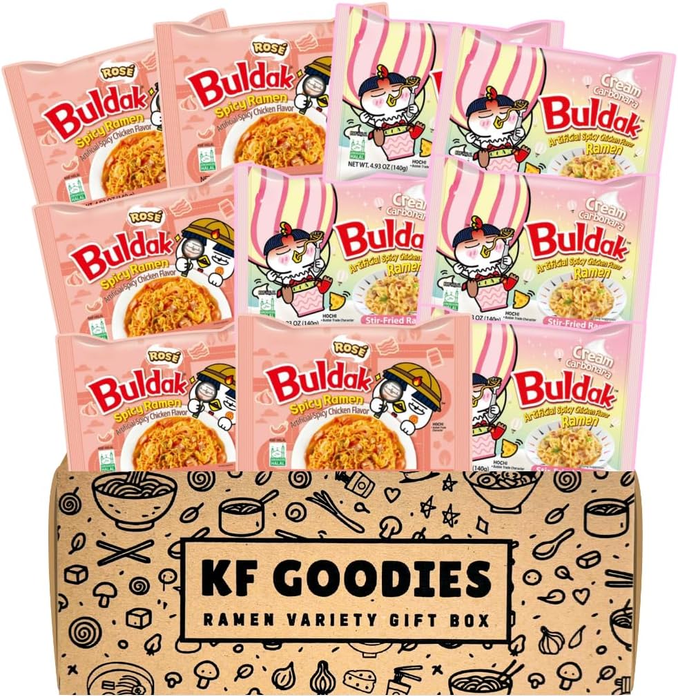Korean Ramen Variety Pack Gift Box (10 Count) – Spicy Buldak Noodle Assortment for Birthdays, College Care Packages, Office Snacks, and Gift Baskets