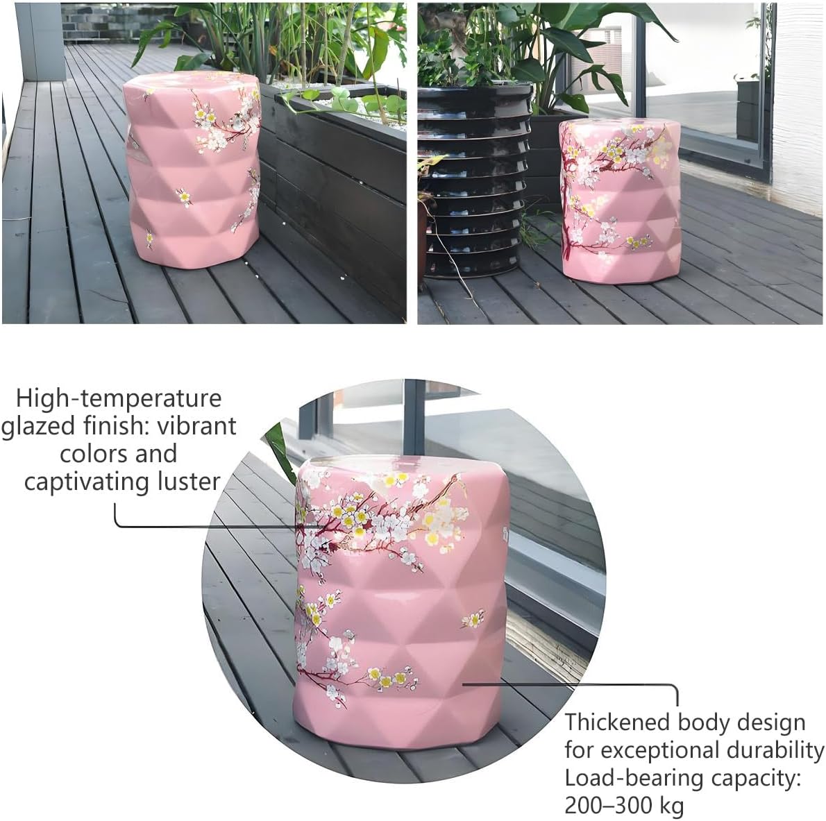 Ceramic Drum Garden Stool, Ceramic Stool, Decorative Ceramic Garden Stool, Decorative Garden Stools, Bird and Flower, Living Room, Bathroom, Garden Room, Patio(A)