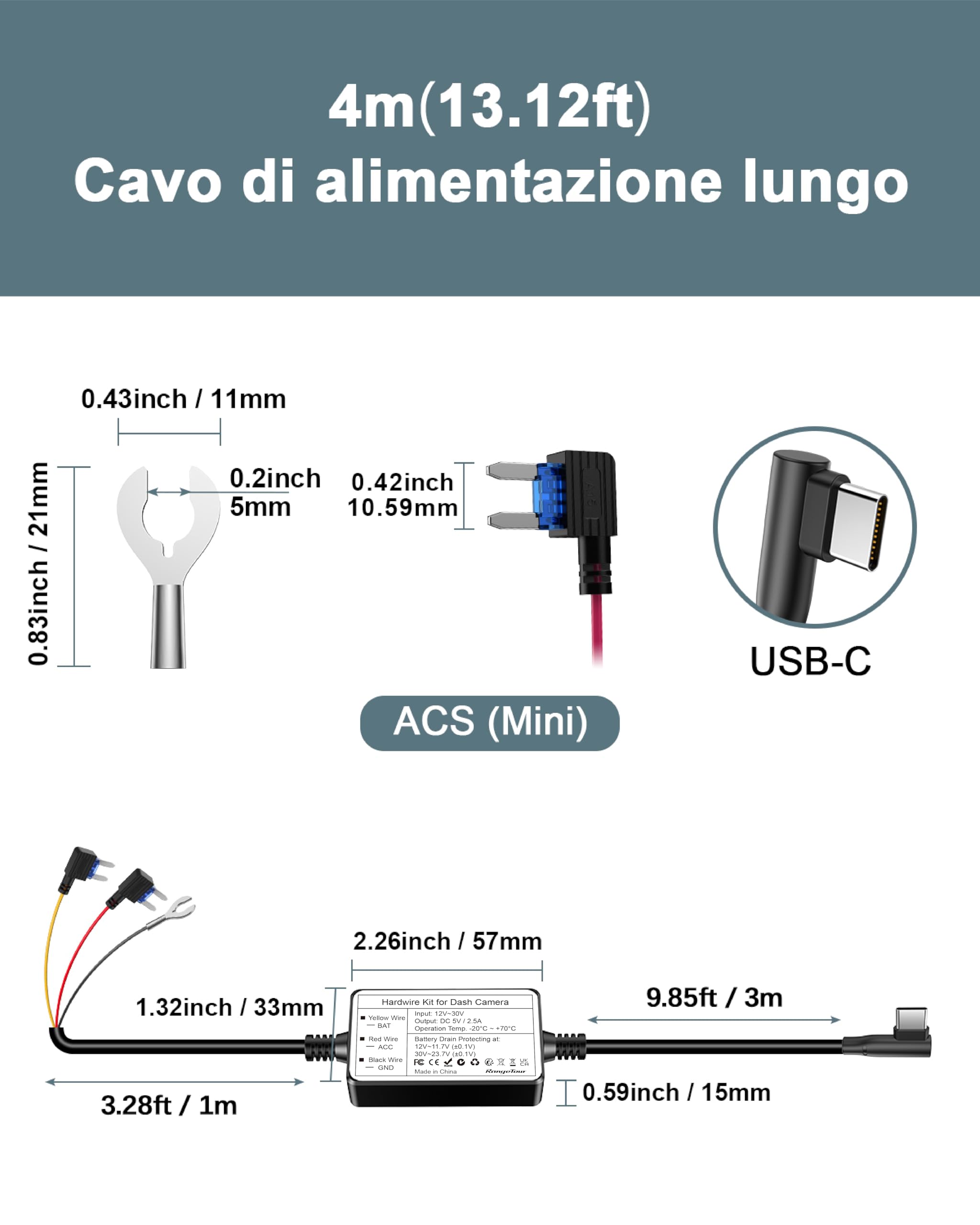 Kit Cablaggio USB-C, Dash Cam Hardwire Kit 4m/13.12ft 12V/24V a 5V/2.5A Auto Cavo di Ricarica Kit con Strumento di Installazione cavo di alimentazione