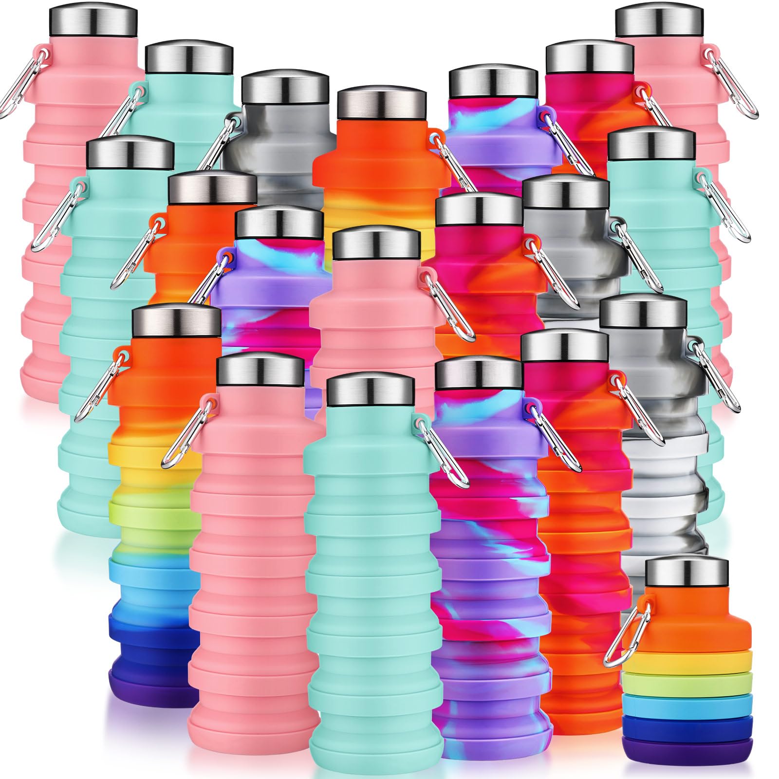 Sunnyray Faltbare Wasserflaschen, Silikon, tragbar, auslaufsicher, wiederverwendbar, Sportflaschen mit Clip, für Reisen, Wandern, Camping, Outdoor, Batikfärbung, 20 Stück