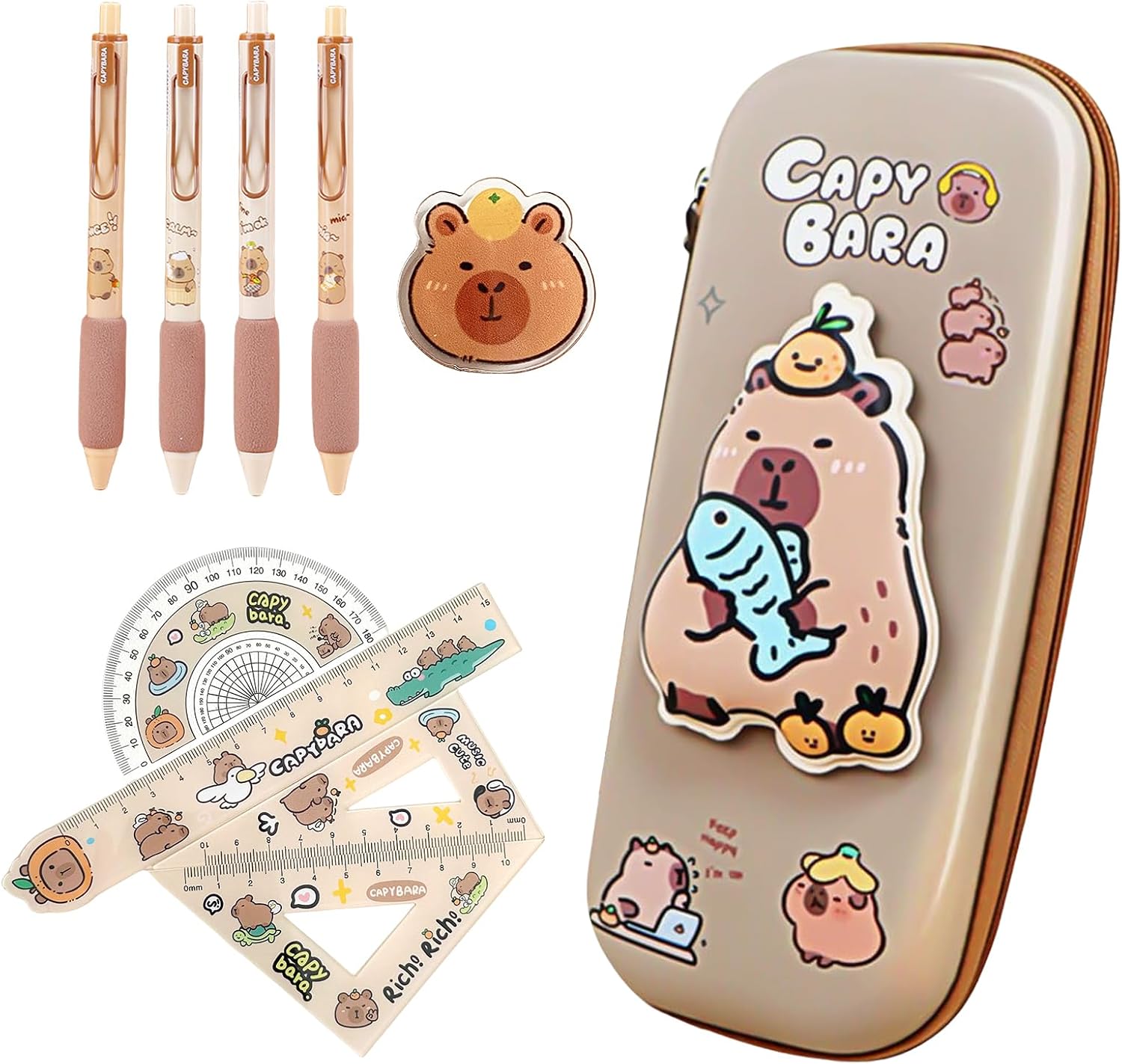 Anti-Stress Capybara Pencil Case with 4 Pieces Cute Capybara Pens Capybara Things Capybara School Supplies Capybara Gift Capybara Pencil Case Aesthetic Cute Capybara Pen Set
