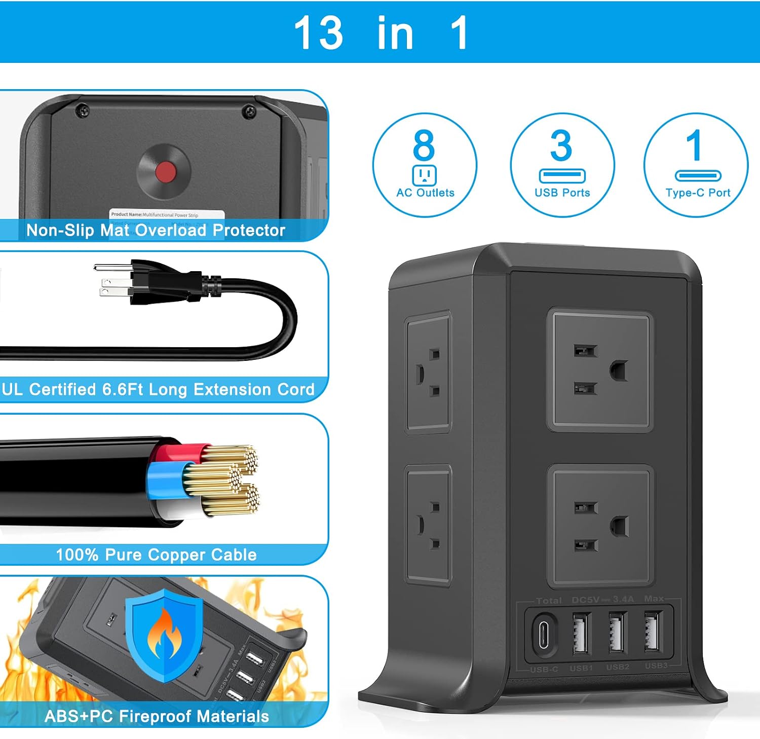 Extension Cord with Multiple Outlets, SMALLRT Power Strip Surge Protector 8 AC Outlets 4 USB Ports (1 USB C), 6.56FT Power Tower Bar Surge Protector Overload Protection for Home Office